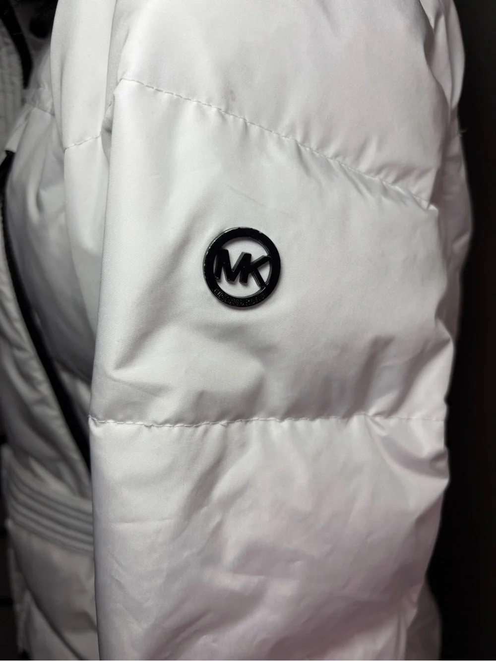 Michael Kors White Puffer Coat with Black Fur-Trim Hood